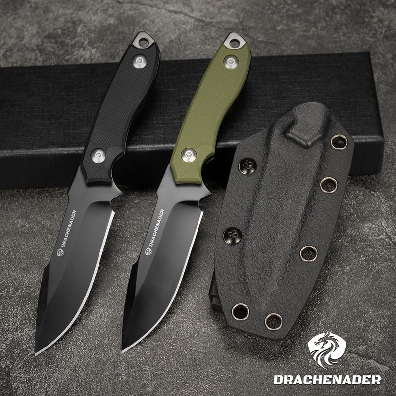 DRACHENADER 7" D2 Steel EDC Fixed Blade Knife, Versatile Carry with Kydex Sheath and G10 Handle (B- Black Balde + Green Handle) - Image 5